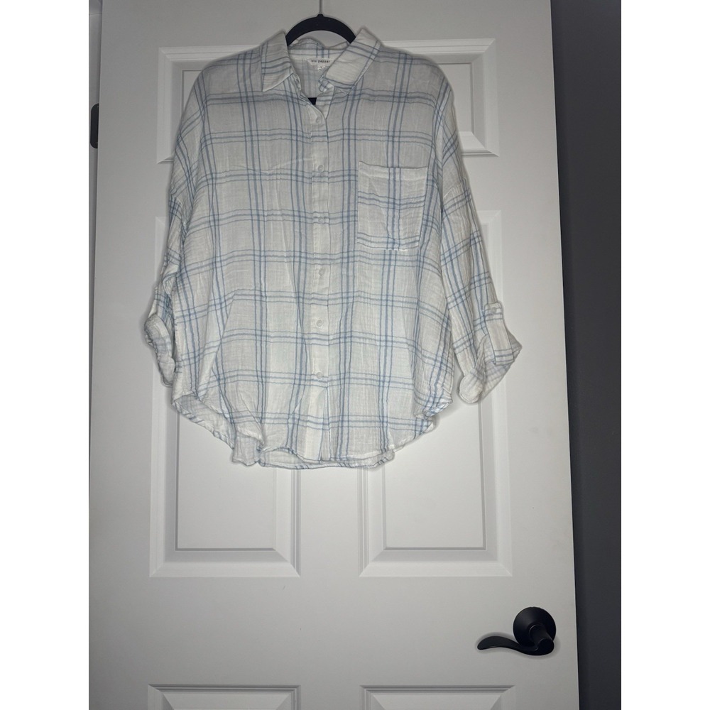 Blu Pepper Roll Tab Gauze Cotton Plaid Button Up Shirt Large White Blue